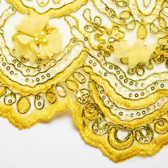 1 Yard Tulle Lace Fabric with 3D Embroidered Applique Design, 52&Prime; Wide Yellow {1}