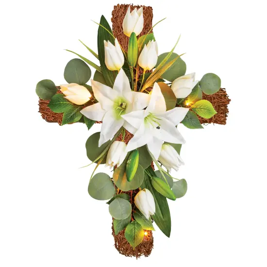 Collections Etc LED Lighted White Lily Wall Cross Decoration {2}