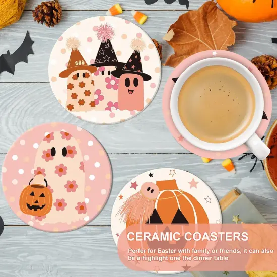 4Pcs Halloween Coasters Pink Ghost Bat Pumpkin Ceramic Coasters {4}