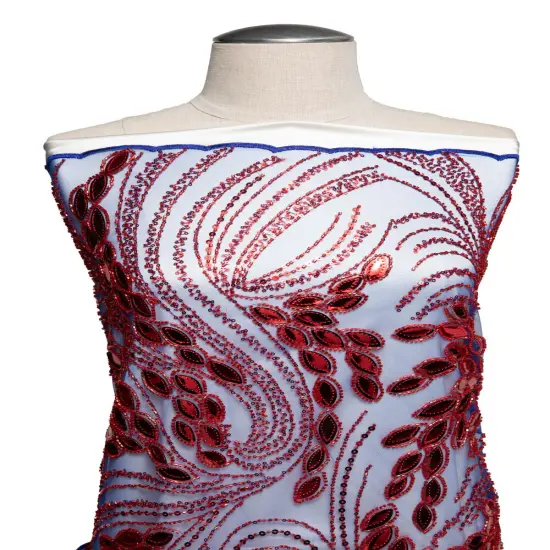 1 Yard Embroidered Tulle Lace Fabric with Sophisticated Pattern, 52&Prime; Wide Green/Red {5}