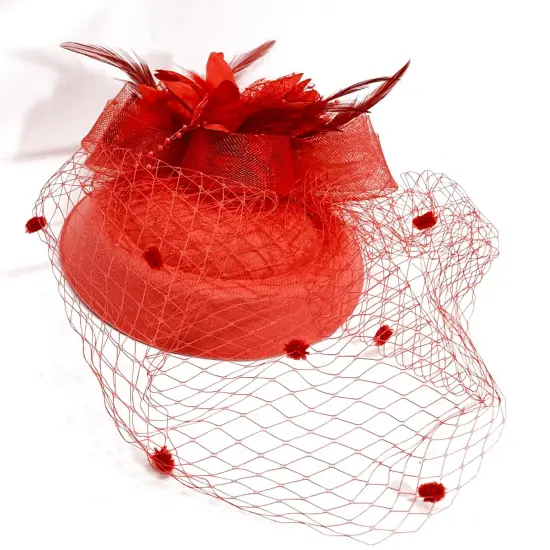 Feathery Red Fascinator with Lace Veil Adult Costume Hat {4}
