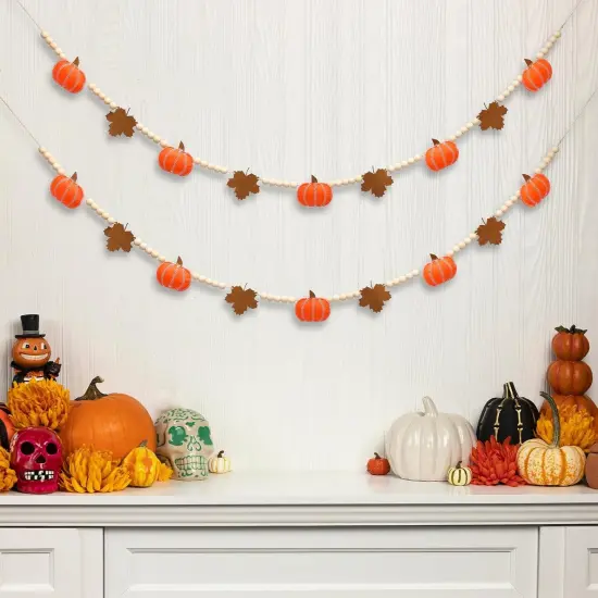 Fall Felt Garland 6.5FT Fall Wood Bead Garland with Felt Pumpkin and Maple Leaves {3}