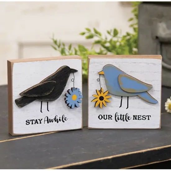 Distressed White Wooden Wall Blocks with Keyhole Hanger and Rustic Bird and Crow Decor2 Asstd. {2}