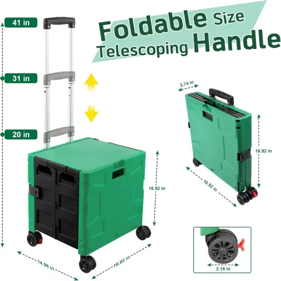 Folding Utility Cart Rolling Crate Handcart with Durable Heavy Duty Plastic Telescoping Handle Collapsible Hidden Lid 4 Rotate Wheels for Travel Shop Move Office Teacher Use(Dark Green&Black) {3}