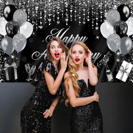 70.8 x 43.3 Inch (Black and Silver)Banner Glitter Happy Anniversary Decorations {4}
