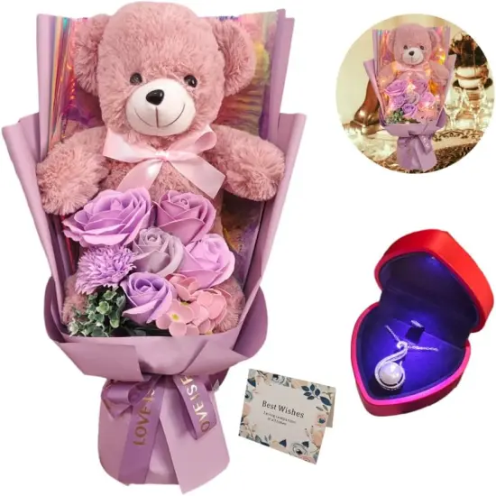 Preserved Rose Bouquet Flowers with Teddy Bear - PURPLE {1}