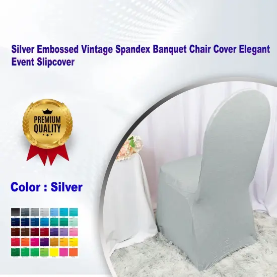 Silver Embossed Vintage Spandex Banquet Chair Cover Elegant Event Slipcover {1}