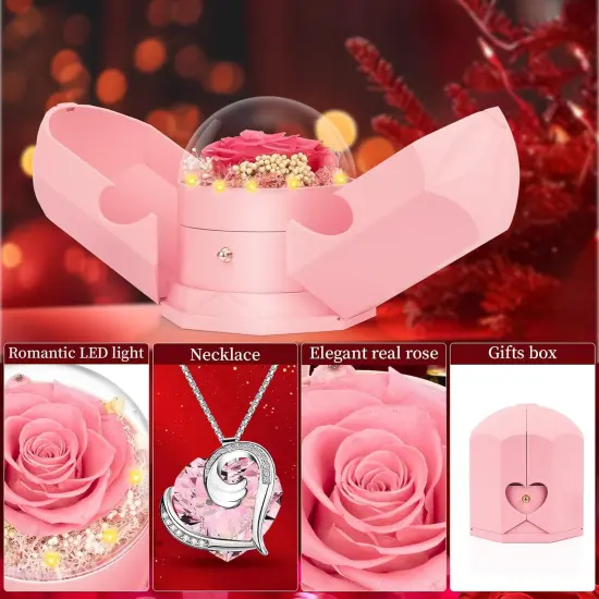 Preserved Real Pink Rose with Necklace Forever Flowers Rose Birthday Gifts {2}