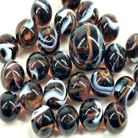 25 Glass Marbles ROCKET Brown/White Transparent Taw Mib Shooter {2}