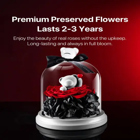 Preserved Flowers with Teddy Bear in Glass Gift {3}