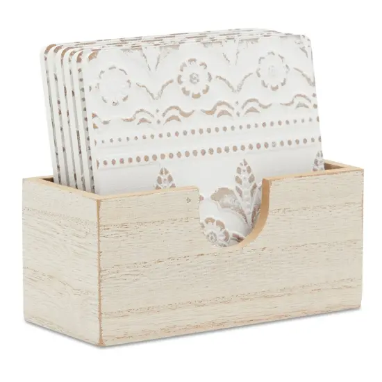 Set of 6 White Wooden Coasters with Holder for Drinks, Coffee Table, and Floral Farmhouse Decor (3.8 Inches) Brown {1}