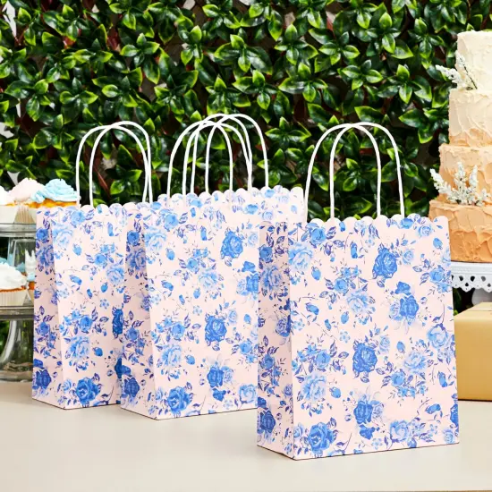 Sparkle and Bash 24-Pack Floral Gift Bags with Handles for Birthdays, Weddings, Bridal or Baby Showers - Rose Flower Print, Blue (8 x4x10 In) {2}