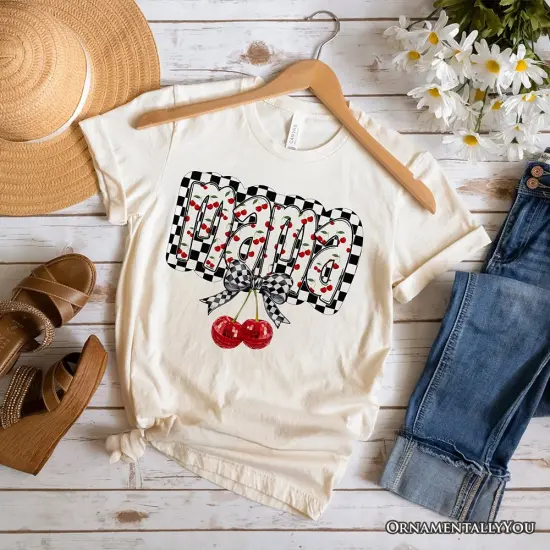 Checkered Cherry Disco Mama T-Shirt, White and Natural Coquette Bow Tee for Trendy Mothers {6}