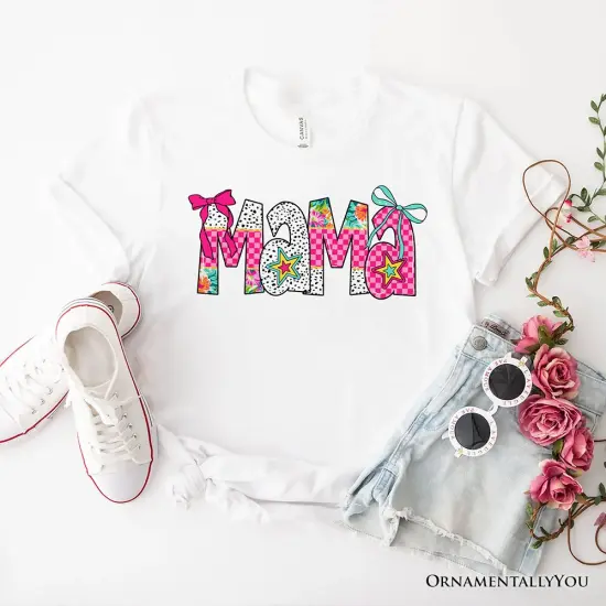 Preppy Pink Mama Coquette T-Shirt, Retro White and Black Tee for Trendy and Stylish Moms {1}
