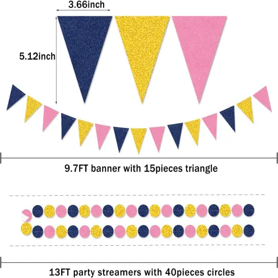 Gold Navy-Blue Pink Party Decorations - 23pcs Tissue Paper Flower Pom Poms Tassel Garland Pennant Banner Flags Streamers Birthday Baby Bridal Shower Engagement Bachelorette Wedding Gender Reveal Decor {3}