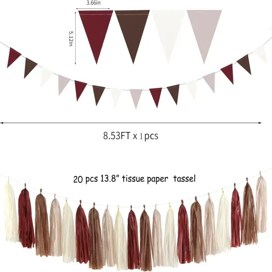 Brown Burgundy Champagne-Gold Party-Decorations - 30pcs Rustic Boho Wedding Tissue Pom-Poms Streamers ,Fall Autumn Tassel Garland Banner,Birthday Baby Bridal Shower Engagement Decor {3}