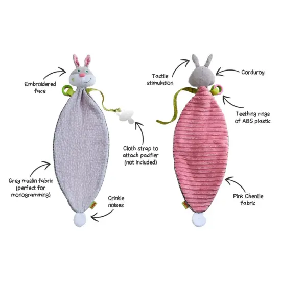 HABA Bunny Hops Baby Blanket and Crinkle Toys for New Baby Gifts and First Easter Gift Ideas, Pacifier Holder Rabbit Toys Multicolor {4}