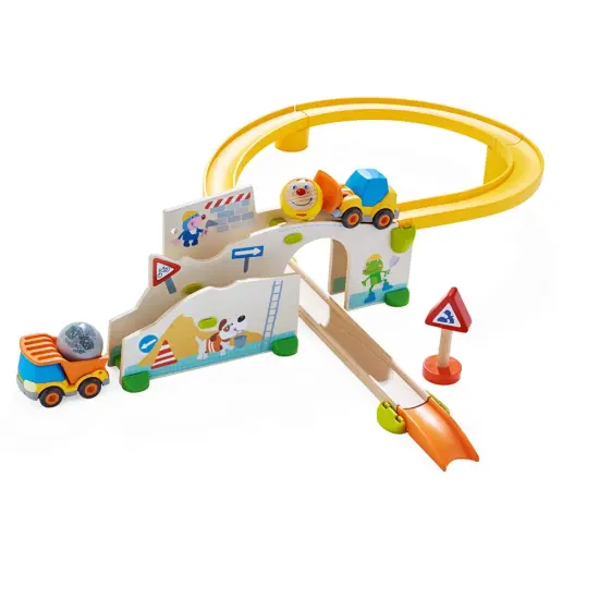 HABA Marble Run Building Set for Kids 2+ - Kullerbu Construction Site Play Track, 13 Piece Set with 2 Vehicles and Ball Drop, Construction Toys Multicolor {1}