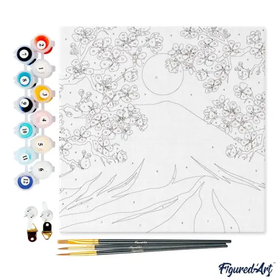 Figured'Art Mini Paint by Numbers Kit for Adults with Frame Cherry blossom and Mount Fuji Small format 8"x8" - Craft Art Painting DIY Canvas Already Stretched on a Wooden Frame {4}