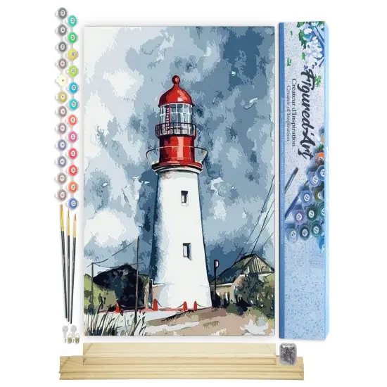 Figured'Art Paint by Numbers Kit for Adults Lighthouse under a Cloudy Sky 16"x20" - Craft Art Painting Rolled Canvas with DIY wooden frame {1}