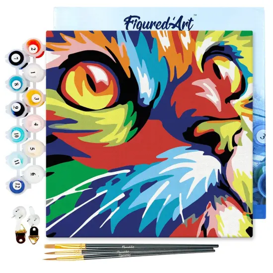 Figured'Art Mini Paint by Numbers Kit for Adults with Frame Feline Pop Art Small format 8"x8" - Craft Art Painting DIY Canvas Already Stretched on a Wooden Frame {1}