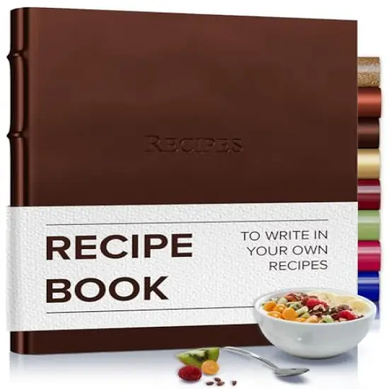Gallery Leather Recipe book to write your own recipes - 3 Ring Recipe Binder With Protective Plastic Sleeves, Blank Cards, 25 Pocket Pages and Ivory Cards, Refillable - 9.25 x 8 " Frprt Met Bronze {1}