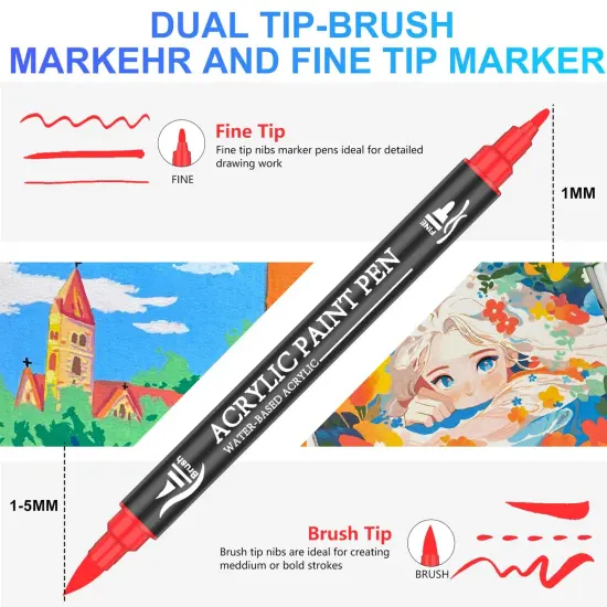 Acrylic Paint Pens, 50 Colors Dual Tip Markers with Fine and Brush Tip, Premium Marking Pens Set for Rock, Wood, Plastic, Fabric Painting and DIY Crafts {5}