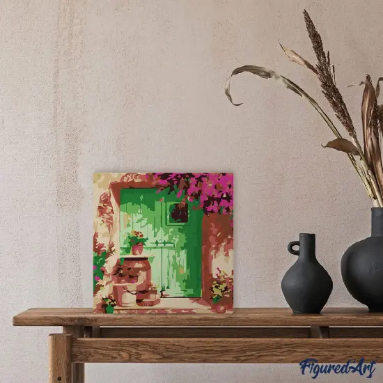 Figured'Art Mini Paint by Numbers Kit for Adults with Frame Green Door Small format 8"x8" - Craft Art Painting DIY Canvas Already Stretched on a Wooden Frame {2}