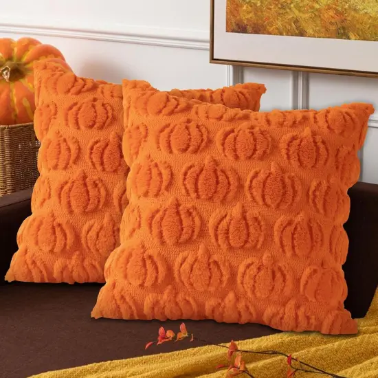 Autumn Pumpkin Throw Pillow Cases Soft Plush Faux Fur Wool 20 x 20 Autumn Cushion Cover {1}