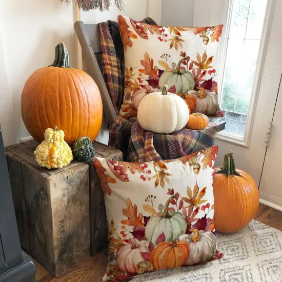 Set of 2 - Fall Pillow Covers 20x20 Inch,Autumn Pumpkin Maple Leaves {3}