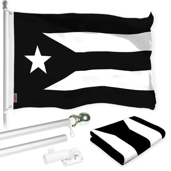 G128 Combo Pack: 6 Ft Tangle Free Aluminum Spinning Flagpole (Silver) & Puerto Rico Black and White Puerto Rican PR Flag| 3x5 Ft | LiteWeave Pro Series Printed 150D Polyester | Pole with Flag Included {1}