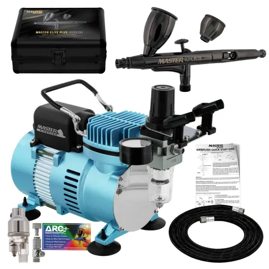 Cool Runner II Dual Fan Air Compressor System Kit with Master Elite Plus Elite Level Performance Airbrush Set, Case, 0.3mm Tip, 2 Cups {1}