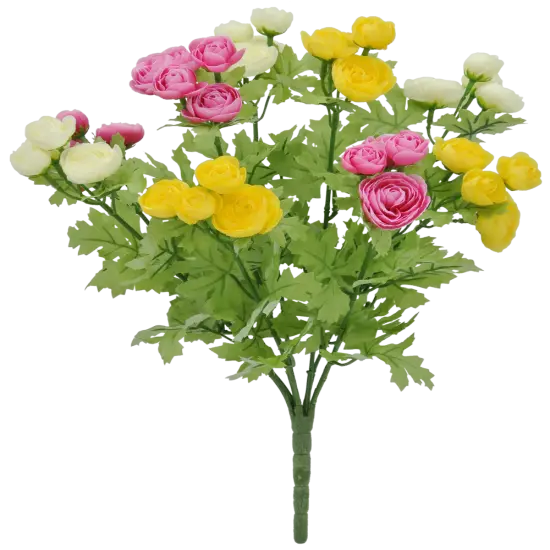 16" Artificial Mini Ranunculus Bush &ndash; Realistic Faux Flowers in Pink, Yellow & White for Home D&eacute;cor & Floral Arrangements-84055-CRYELFU {1}