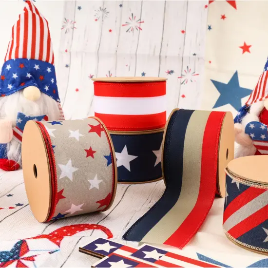 LaRibbons 2 1/2" Wired Ribbon | Red/White/Blue Stars | 10 Yard Roll Natural {6}