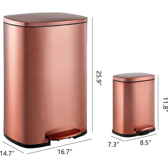 Set of 2 Copper Gold Stainless Steel Trash Can Set with Step Pedal and Soft-Close Lid {3}
