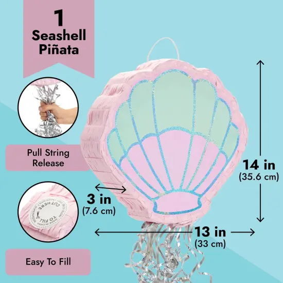 Pull String Seashell Pinata - Mermaid Birthday Decorations, Under The Sea Party Supplies (Small, 13"L x 3"W x 14"H), For Ages 3+ Pink {3}