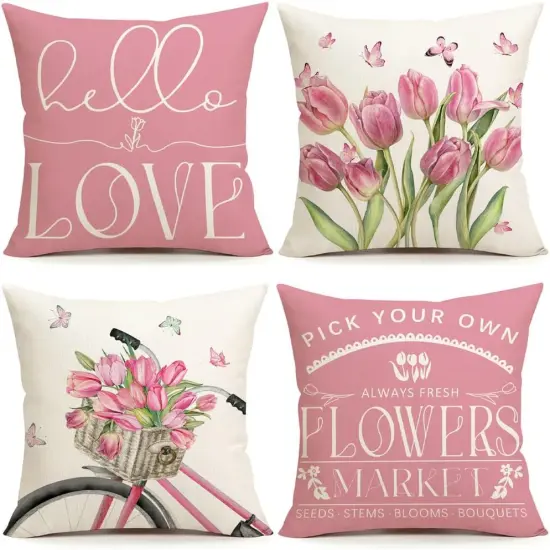 Spring Decorations Pink Tulip Spring Pillow Covers 18x18 Set of 4 Butterfly Flowers Bicycle Throw Pillow Case Hello Love Flowers Market Farmhouse Cushion Cover for Home Sofa Couch {1}