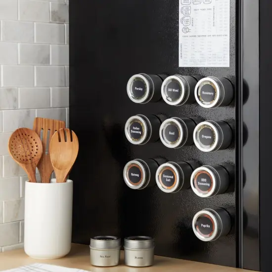 Talented Kitchen 12 Magnetic Spice Jars for Refrigerator with 3 Metal Wall Bases, 269 Preprinted Seasoning Labels, 2 Styles, 1 Cooking Conversion Chart, for 3 oz Containers Silver {2}