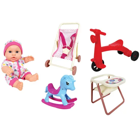 Lissi: 8" Baby Doll Set: Scooter, Pushchair, Rocking Chair & Highchair - Colorful Play-Feeding-Travel Toy Playset, Foldable Design, Kids-Toddlers 2+ {1}