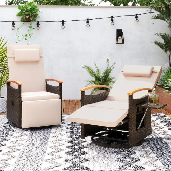 Patio Rattan 360&deg; Swivel Recliner Chair with Adjustable Backrest and Footrest Beige {5}