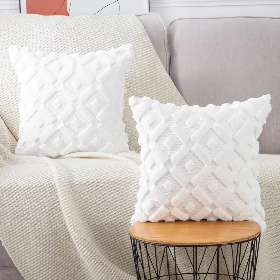 Set of 2 White Plush Short Wool Throw Pillow Covers 18x18 Inch Square Super Soft Cozy Decorative Velvet Cushion Cover for Sofa Bedroom Livingroom Pillow Shell {2}