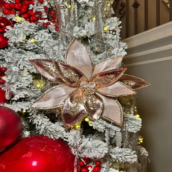 Elegant Rose Gold Poinsettia with Crystals and Glitter 12'' Set of 2 {1}