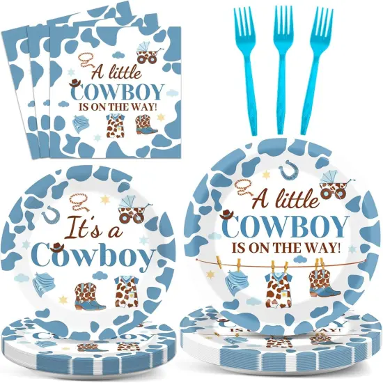 96 Pcs Western Cowboy Baby Shower Tableware Set for 24 Guests {1}