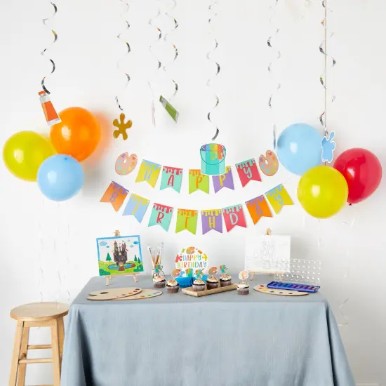 59 Piece Art Birthday Party Decorations Kit with Balloons, Banner, Swirl Cutouts, Honeycomb Table Centerpieces Multicolor {3}