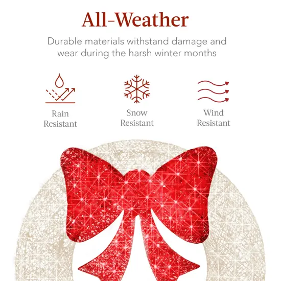 Best Choice Products 36in Pre-Lit Outdoor Christmas Wreath, LED Metal Holiday Décor w/ 120 Lights, Bow White/Red {5}