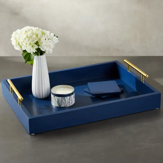 Blue Serving Tray for Coffee Table, 16x12" with Coasters, Decorative Interchangeable Gold and Silver Handles {5}