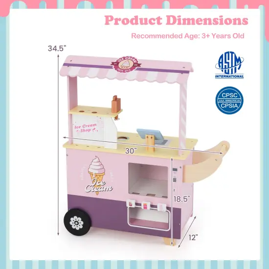 Colorful Wooden Ice Cream Truck Pretend Play Set for Toddlers with Vending Machine, Interactive Role-Playing Toy Pink {3}