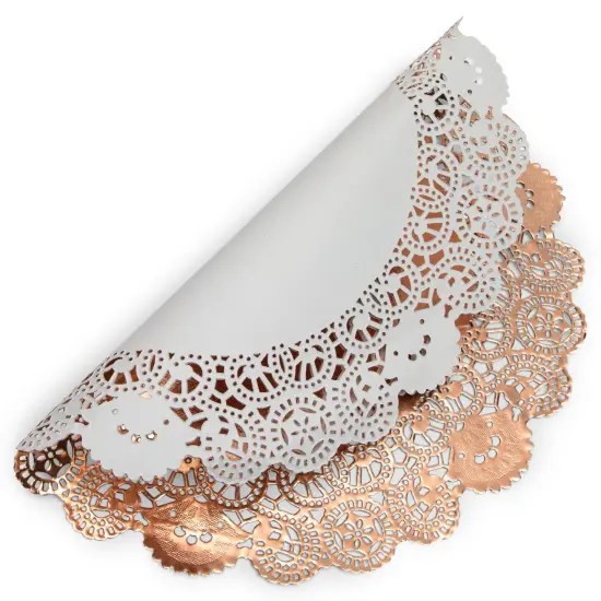 100 Pack Round Lace Paper Doilies, 12 Inch Rose Gold Placemats for Desserts, Cakes, Pastries, Table Decorations {5}