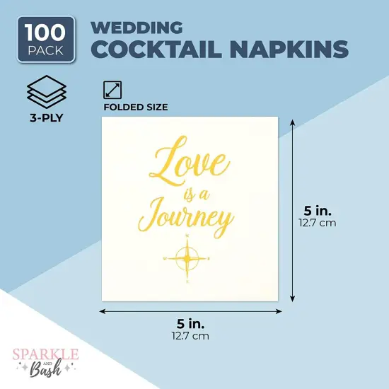Wedding Cocktail Napkins, Love is a Journey, Gold Foil (5 x 5 In, 100 Pack) {2}
