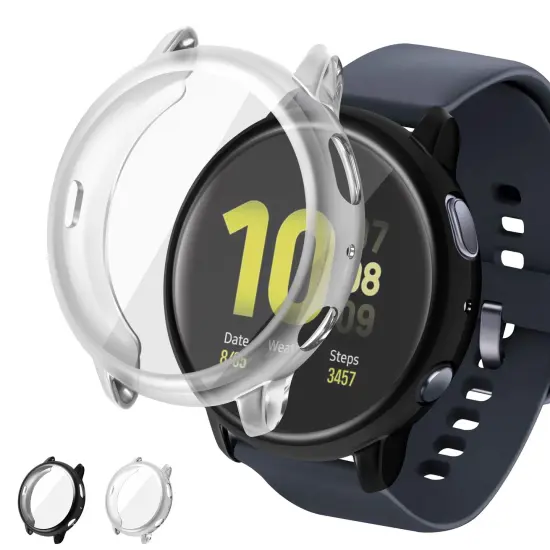 Insten 2-Pack Case Compatible with Samsung Active 2 44mm, Built in Screen Protector Soft TPU Bumper Cover, Full Around Coverage (Clear + Black) {1}